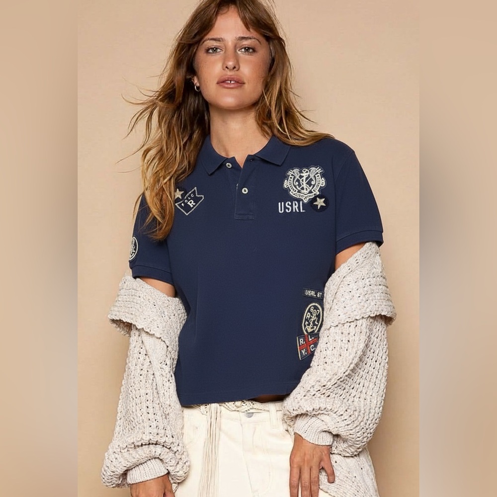 [L] RALPH LAUREN Polo Shirt Patches military nautical women slim fit